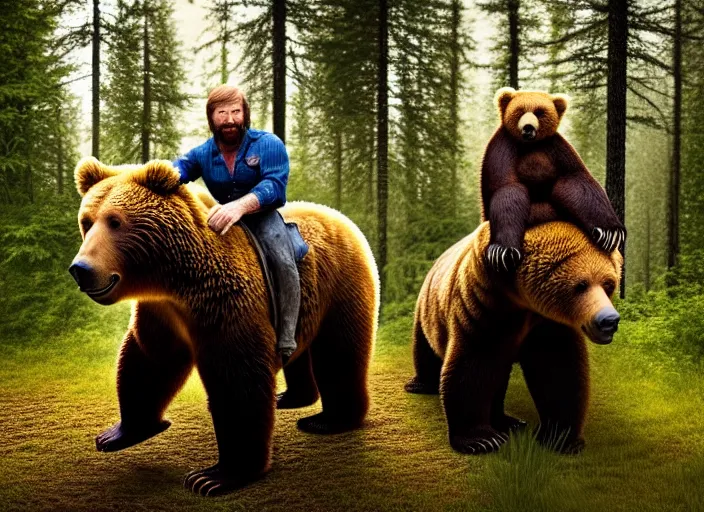 Prompt: portrait photo of chuck norris riding his fluffy grizzly bear, in the forest. fantasy magic style. highly detailed 8 k. intricate. lifelike. soft light. sony a 7 r iv 5 5 mm. award winning photography.