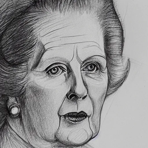 Image similar to a detailed drawing of margaret thatcher in the style of leonardo davinci, sketch, pencil drawing, anatomically correct