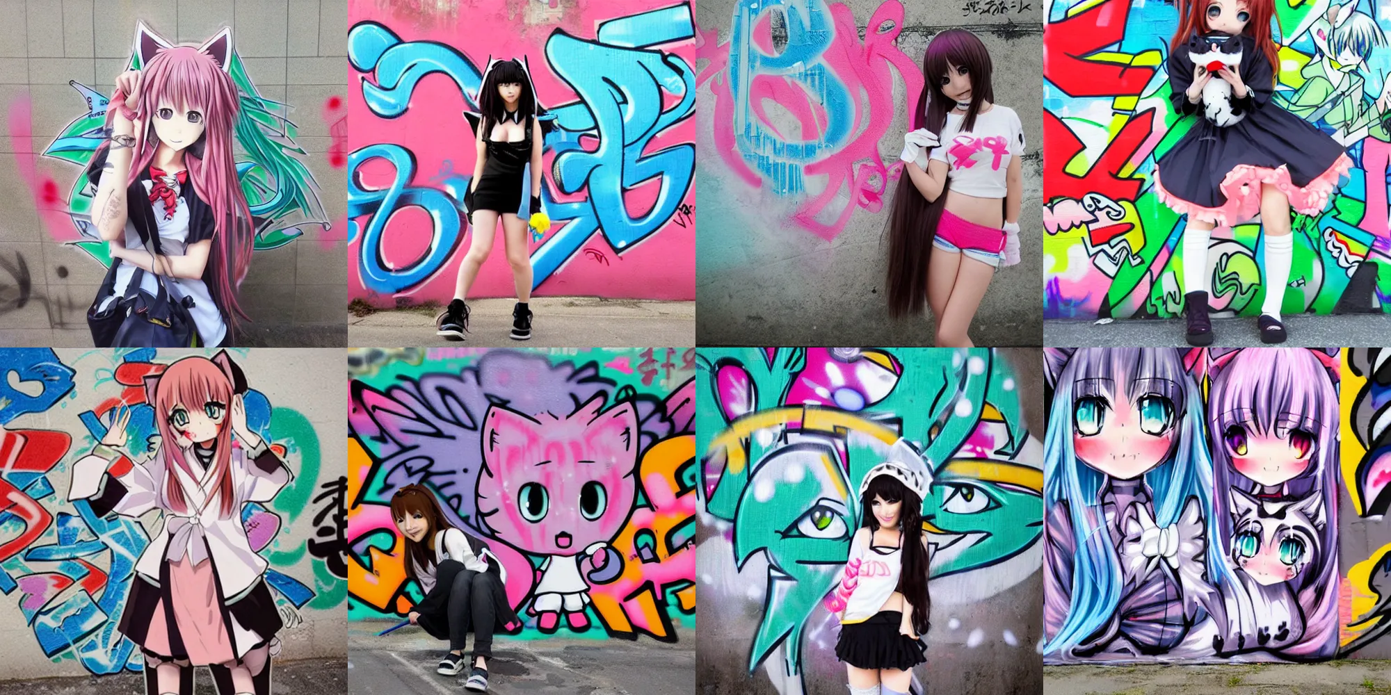 Prompt: cute anime catgirl, graffiti in japan nagawa