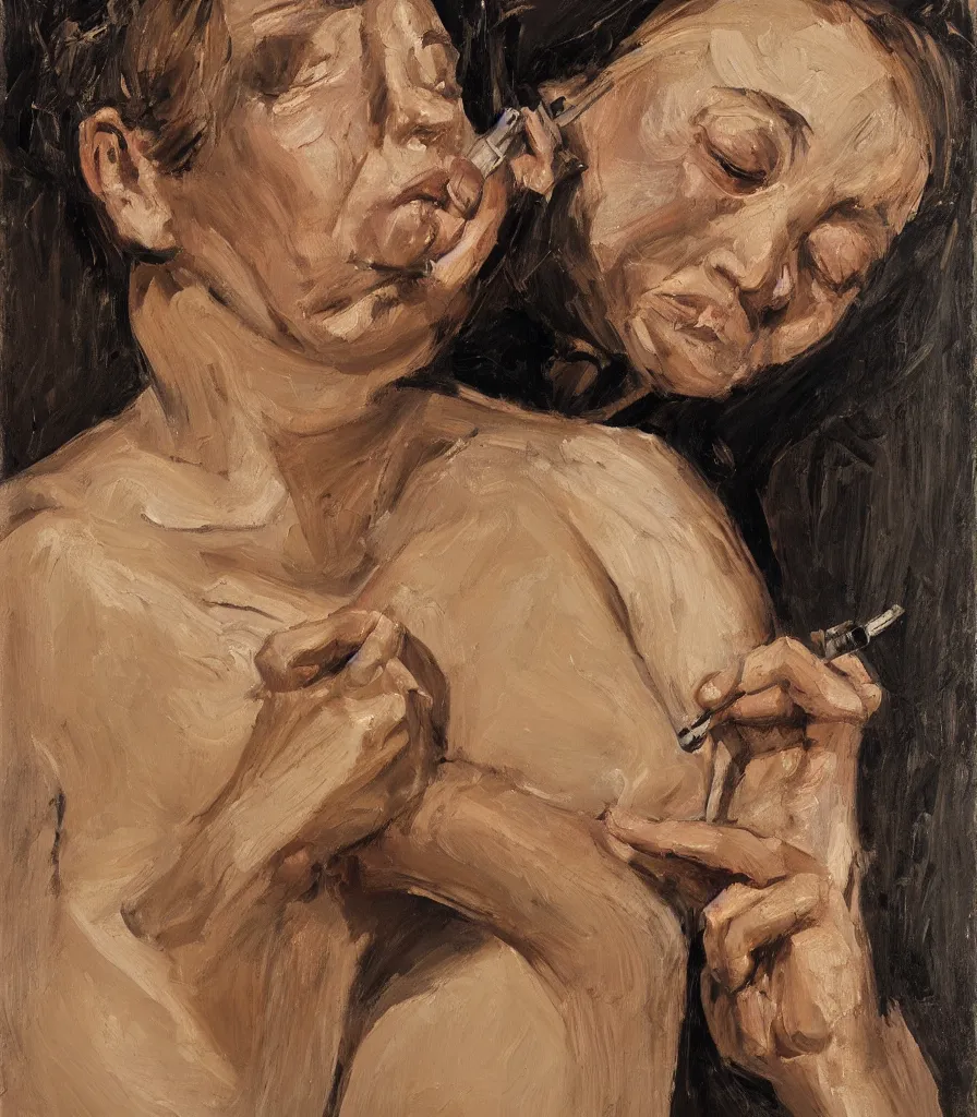 Image similar to the face and shoulders of a young woman without shirt in the style of lucian freud. smoking a cigarette. one hand is reaching behind he head. face has many wrinkles, cuts and character. he is looking down. oil painting, thick brush strokes. shadows. clean gray brown background. lit by a single light from above his head. perspective from below. 5 0 mm