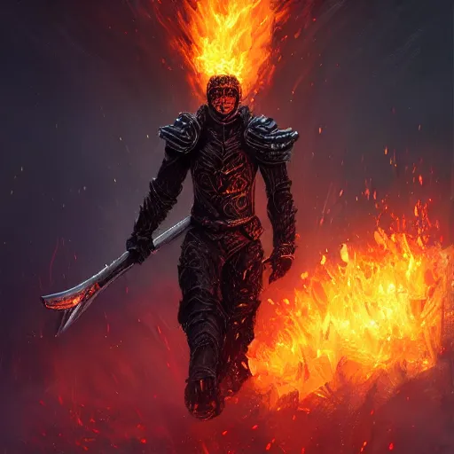 Image similar to a man in black-crystal armor surrounded by flames wielding a battle-axe made of black crystals. ,D&D, sci-fi, elegant, hopeful, muscular, highly detailed, digital painting, artstation, concept art, smooth, sharp focus, illustration