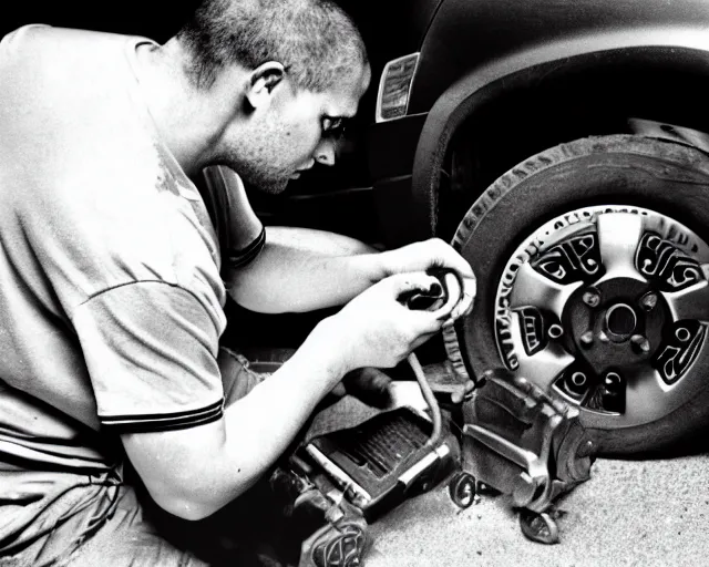 Prompt: fmri scan of a man who is fixing the brakes on a 1 9 9 0 chevy blazer while listening to creedence