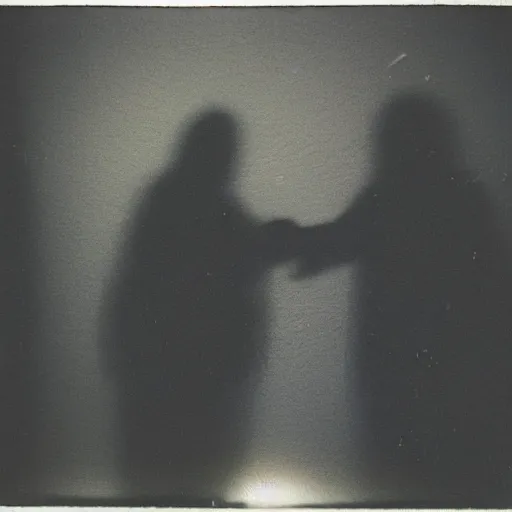 Image similar to two shadowy demons shaking hands and looking at the camera, horror, nightmare, terrifying, surreal, nightmare fuel, old polaroid, blurry, expired film, lost footage, found footage,