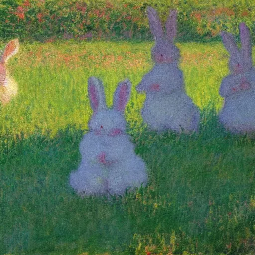 Prompt: field filled with cute fluffy bunnies, oil painting by Claude Monet