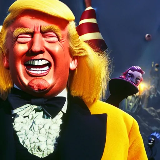 Image similar to portrait of donald trump as willy wonka in morrowind, fantasy, warcraft, warhammer, splash art, movie still, detailed face, photorealistic facial features, cinematic lighting, dramatic, octane render, long lens, shallow depth of field, bokeh, anamorphic lens flare, 8 k, hyper detailed, 3 5 mm film grain