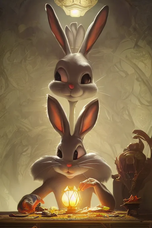 Image similar to cinematic stills of bugs bunny, deep focus, dmt acid trip, d & d, fantasy, intricate, elegant, highly detailed, digital painting, artstation, concept art, matte, sharp focus, illustration, hearthstone, art by artgerm and greg rutkowski and alphonse mucha