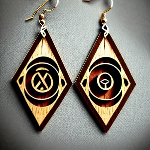 Image similar to 2 d wood lasercut earrings, mystical symbols, 8 k, hd, trending on amazon on artstation, trending on deviantart, trending on etsy, epic digital art