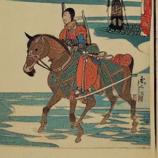 Prompt: late meiji period, colored woodblock print, medieval islamic warriors