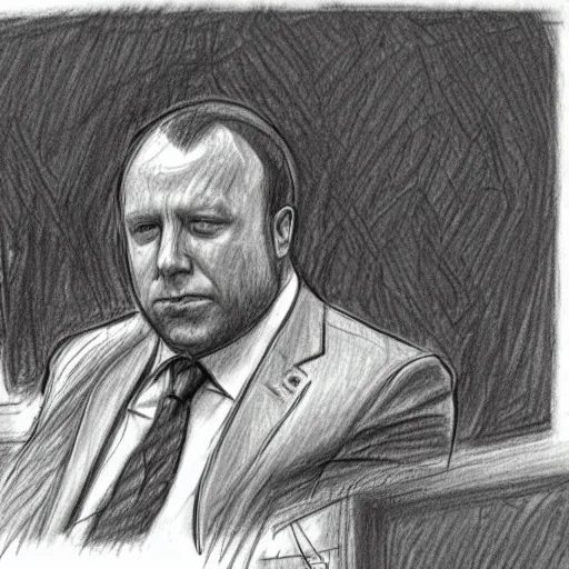 Prompt: Alex Jones in court pencil sketch