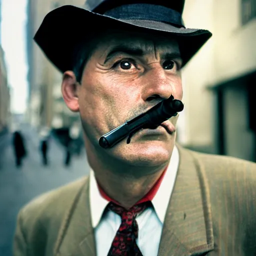 Prompt: closeup portrait of a mobster with a thompson submachine gun a smoky new york back street , by Steve McCurry and David Lazar, natural light, detailed face, CANON Eos C300, ƒ1.8, 35mm, 8K, medium-format print