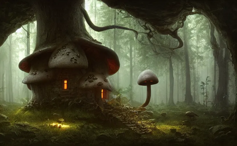 Prompt: A mushroom house in a tall mushroom, warm light coming from the windows, small door and windows in the mushroom, in a dark forest, macro, cool tones, underexposed, overecast, mysterious matte painting by greg rutkowski and marc simonetti and Ivan Shishkin, 4k