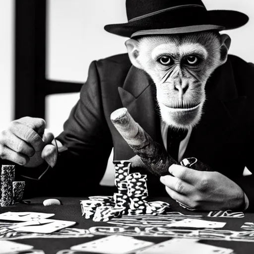 Prompt: monkey in a suit smoking a cigar and playing poker in a casino, 5 0 mm, black and white photo