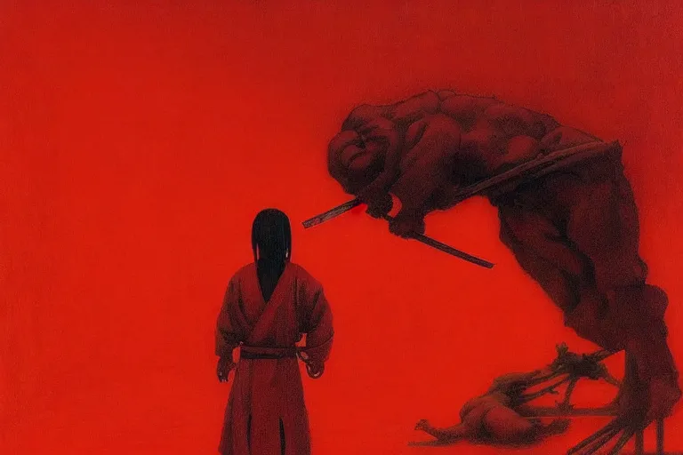 Image similar to only with red, a red samurai harakiri, tokio, a lot of frogs watch, in the style of beksinski, parts by edward hopper, parts by rodcenko, parts by yue minjun, intricate and epic composition, red by caravaggio, insanely quality, highly detailed, masterpiece, red light, artstation, 4 k