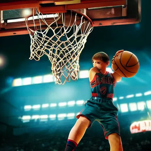 Image similar to Mike from stranger things playing basketball and making a shot in an nba stadium , close up shot, wide angle, lens flares