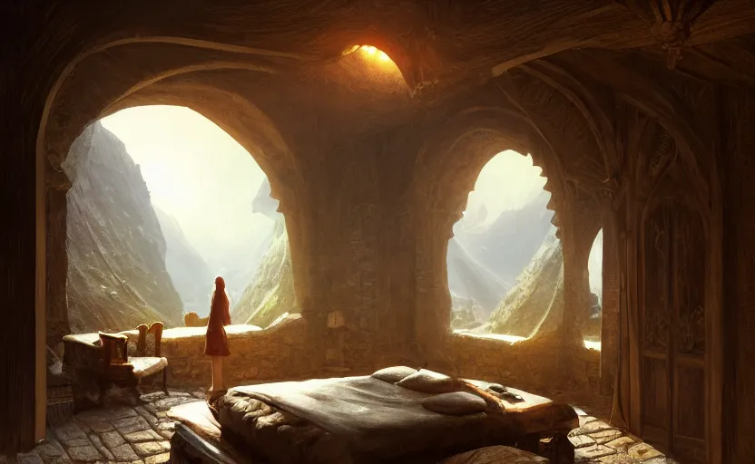 Prompt: painting of a series of a ring of bedrooms carved inside a mountain viewed from courtyard below, cozy bed, well maintained, clean, medieval, fantasy genre, natural light, fantasy, natural light, sharp focus, concept art, by greg rutkowski and craig mullins, cozy atmospheric and cinematic lighting, trending on artstation