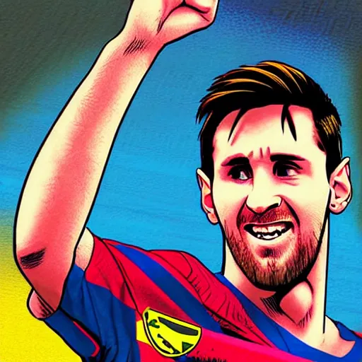 Prompt: comic book artwork of Messi as Robin