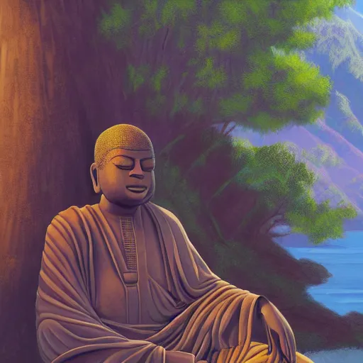 Image similar to contented peaceful nigerian!! buddha, praying meditating, in a scenic environment, detailed, golden hour, realism, artstation trending, digital art