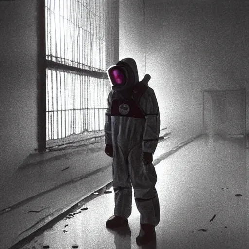 Image similar to news reporter in a hazmat suit 1 9 9 0 s news found footage of an abandoned soviet downtown with a humanoid scp hidden in background, liminal space, backrooms, scp, film grain, rundown, eerie, dark lighting, 3 5 mm, realistic, photograph, hazmat suits, foggy, silent hill style, detailed, hyperrealistic