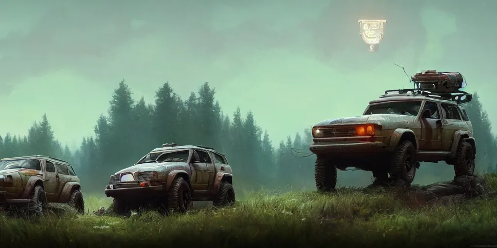 Image similar to a beautiful concept offroad suv, an epic fantasy, dramatic lighting, cinematic, establishing shot, extremely high detail, photorealistic, cinematic lighting, artstation, by simon stalenhag, midsommar