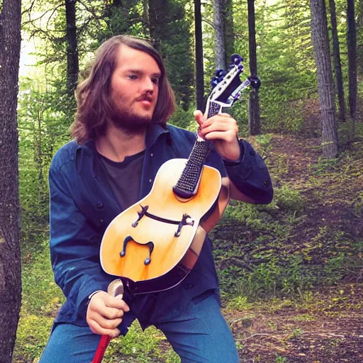 Image similar to a photo of a young man with long hair playing mandolin in the wilderness