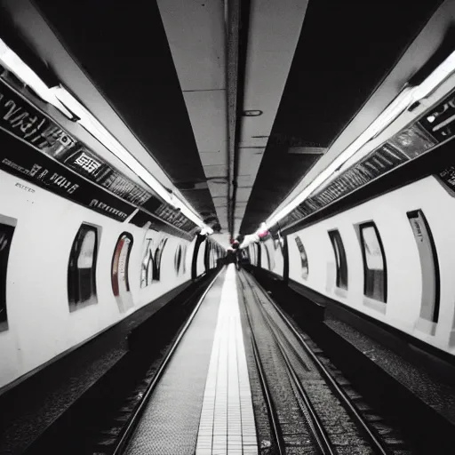 Prompt: photo, london underground, 5 0 mm f / 1. 4, cinestill 8 0 0,