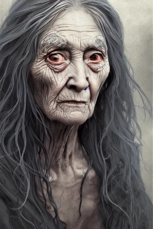 Image similar to very old woman crone with long scraggly hair, wearing torn rags, character concept art, intricate details, highly detailed photorealistic portrait in the style of adam hughes, seseon yoon, artgerm and warren louw