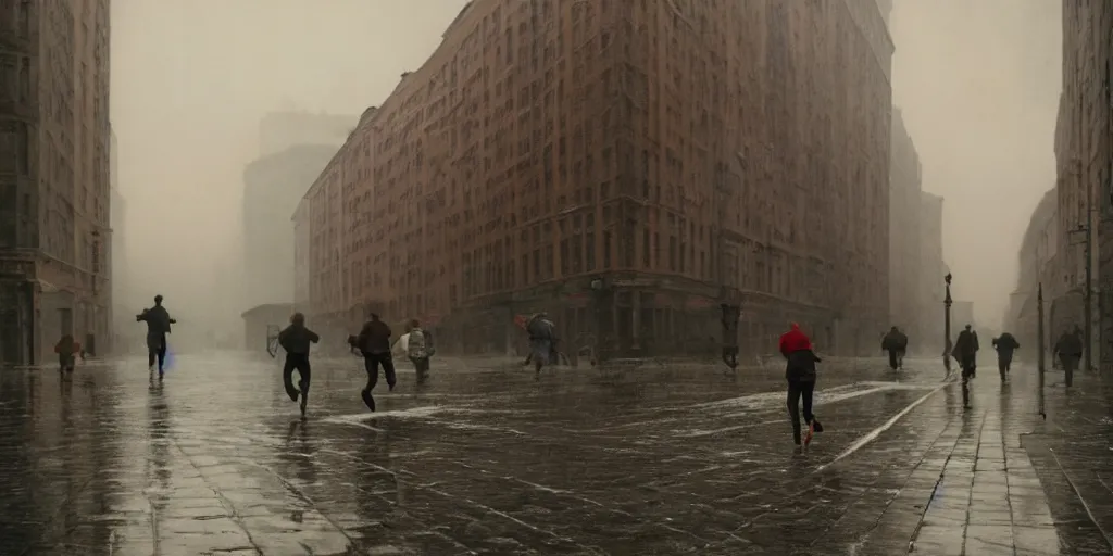 Image similar to detailed medium format photo, polaroid still from tarkovsky movie, people running on wet street by buildings in city, haze, high production value, intricate details, 8 k resolution, hyperrealistic, hdr, photorealistic, high definition, technicolor, award - winning photography, masterpiece, amazing colors