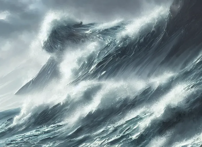 Prompt: a massive sea storm, waves as big as mountains, elegant, digital painting, concept art, smooth, sharp focus, illustration, from StarCraft by Ruan Jia and Mandy Jurgens and Artgerm and William-Adolphe Bouguerea