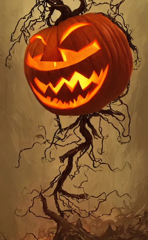 Image similar to fantasy monster concept art, a jack o lantern monster with vines for a body walking down a street of nightmares, dynamic lighting, photorealistic, trending on art station, stunning visuals, creative, cinematic, ultra detailed, atmospherical, ambient lighting, scary art, eery art