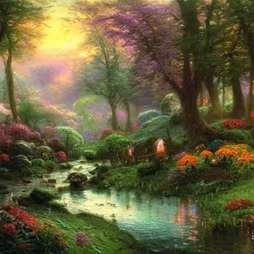 Prompt: Fairies playing in a forest glen, misty dawn, godrays, by thomas kindkade, W 1024