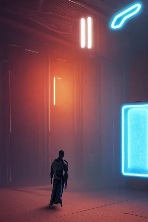 Prompt: in a dark corridor, a human in a still suite from dune in front of a snack machine and taps the keypad, his profile and face lit up by the blue neon light of the machine in front of him, close shot, blade runner style, gloomy mood, hyper-realistic environment,Epic concept art. bokeh, Octane render and Unreal Engine