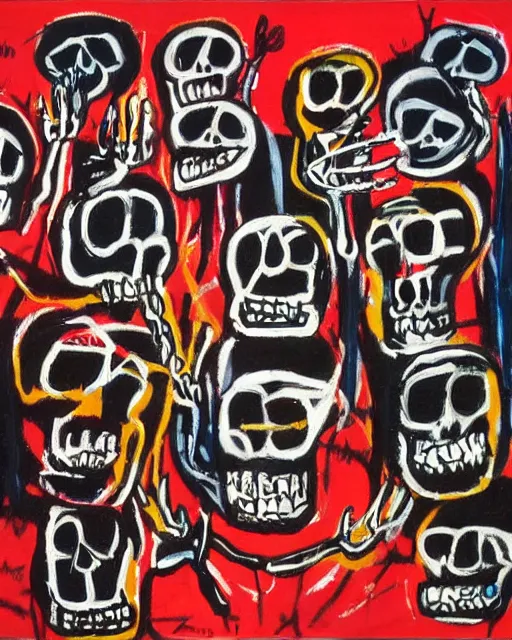 Image similar to oil neo expressionism painting of skull skeletons singing in the choir by basquiat