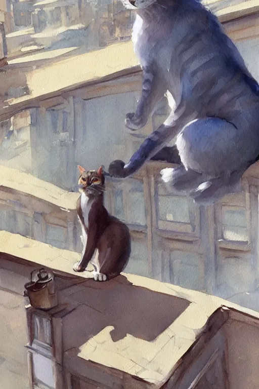 Image similar to beautiful clean oil painting a anthropomorphic cat in a cats city from the top of a roof pinterest, artstation trending, behance, watercolor, by coby whitmore, silver, laser light