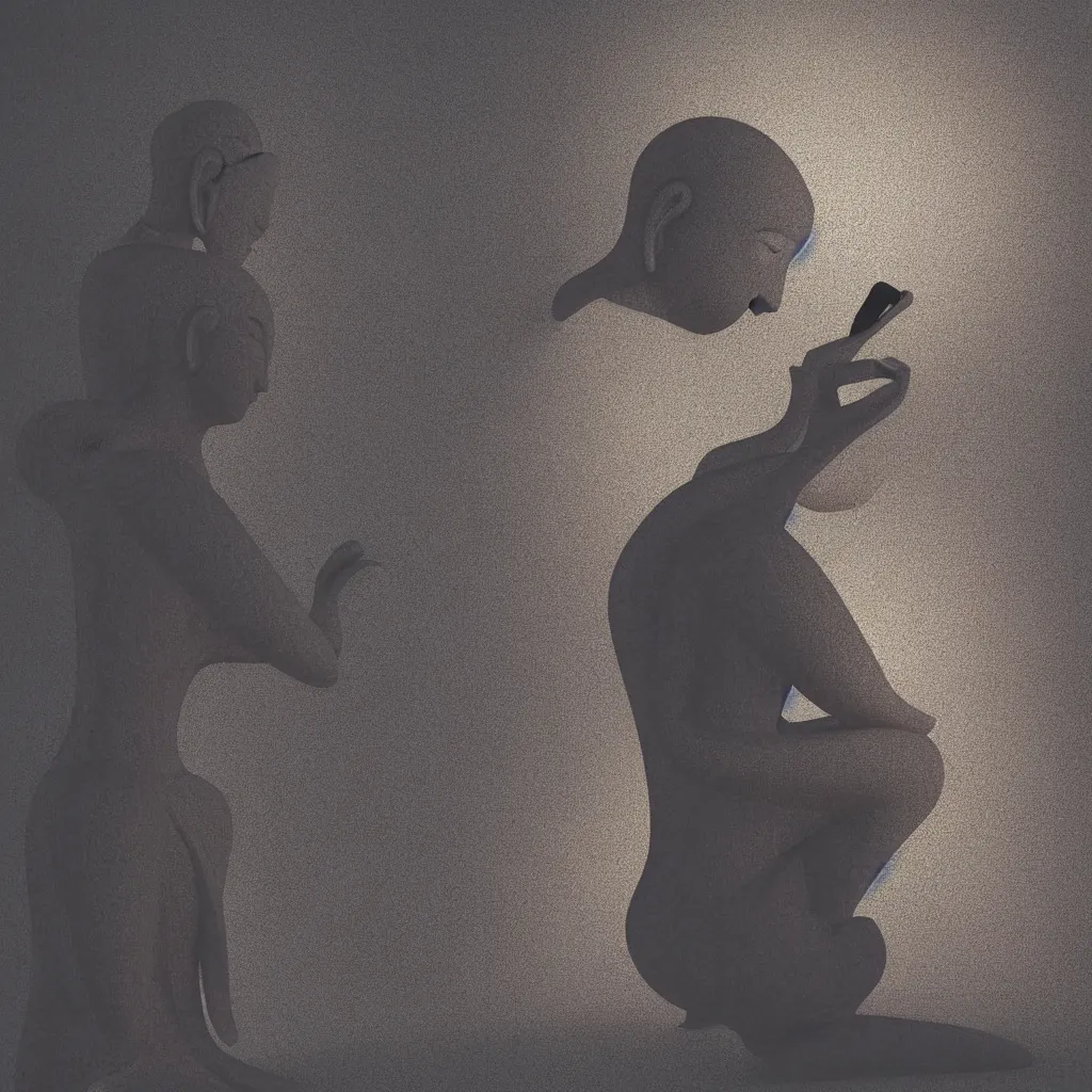 Image similar to 3 d render of a beautiful meditating buddha checking his smartphone, neo noir