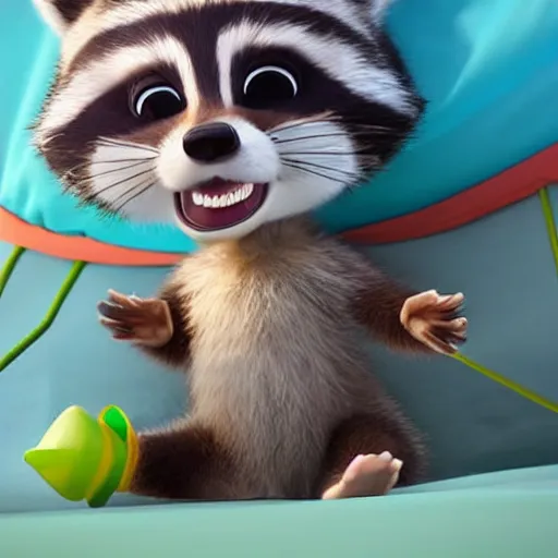 Prompt: a cute baby raccoon waearing a diaper in a sleeping bag and tent, 3d cgi, pixar adorable character art