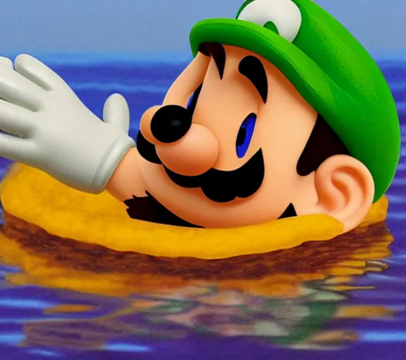 Prompt: luigi floating on an egg over the sea