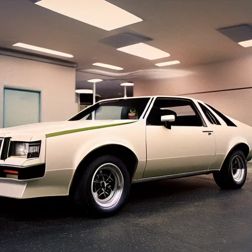 Prompt: 1980 Grand National GNX GTO, inside of an auto dealership, ektachrome photograph, volumetric lighting, f8 aperture, cinematic Eastman 5384 film