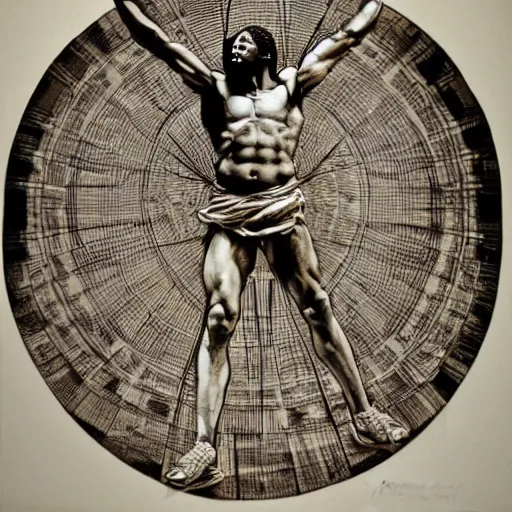 Prompt: Michael Jordan as the Vitruvian Man by leonardo da vinci, detailed, 8k, realistic, intricate blueprint in the style of Franz Xaver Winterhalter