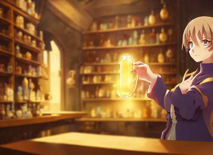 Image similar to anime, portrait of a young woman in a alchemist's potion shop interior looking at a glowing potion, yoshinari yoh, dynamic pose perspective, moody, detailed facial features, kyoani, rounded eyes, sharpened image, cel shade