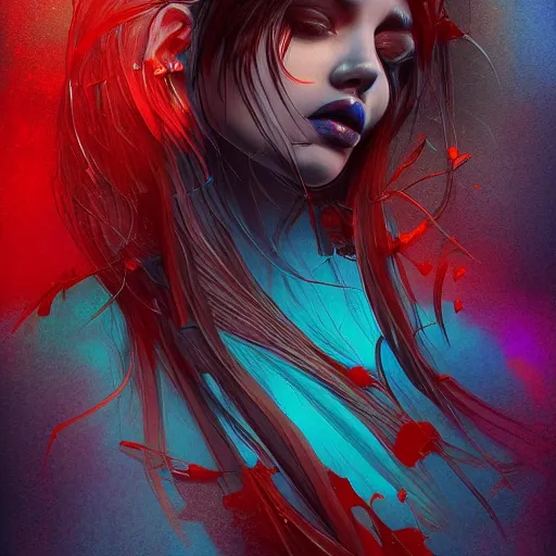 Prompt: the brittle. digital painting, vertical, intricate, beautiful, detailed, grunge, illustration, abstract art by artgerm, trending on artstation. blue, dark red and dark purple color scheme, gradient darker to bottom