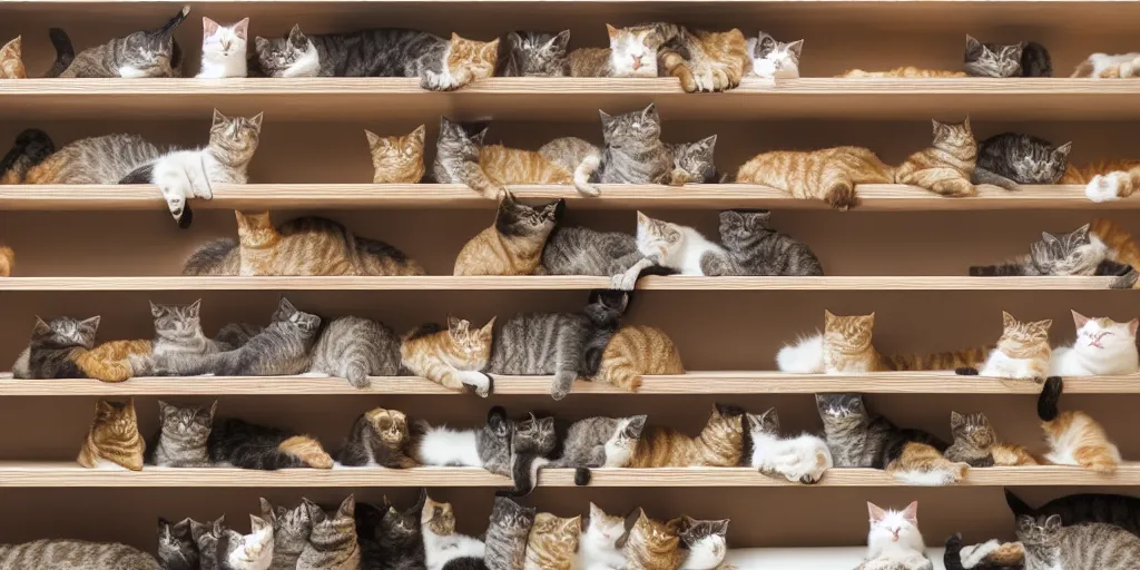 Prompt: Shelves lined with Cats, texture, view from front