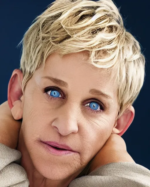 Image similar to headshot of ellen degeneres with yellow goat like eyes, ellen degeneres in highly detailed satyr like makeup by rick baker, studio lighting, 8 k, photo shoot, 9 inch kershaw soft focus lens f / 5. 6