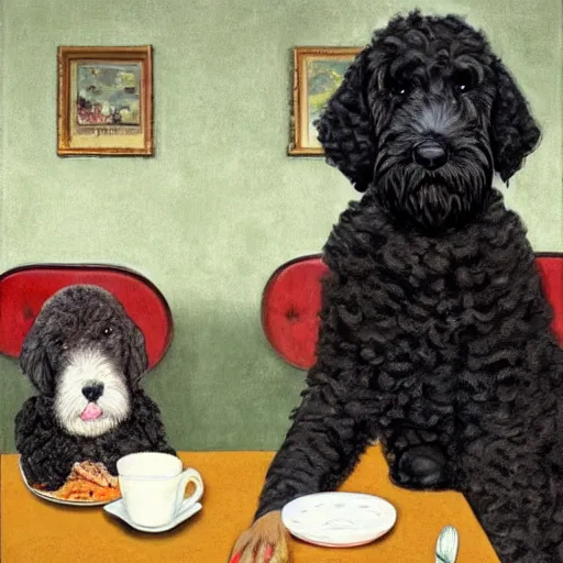 Image similar to Black Goldendoodle with a bright face and a puppy sitting at a diner drinking a cup of coffee, looking melancholy, Norman Rockwell style