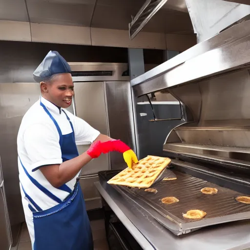 Image similar to wafflehouse restaurant employee inside a Wafflehouse cooking food on a Wafflehouse flat top grill