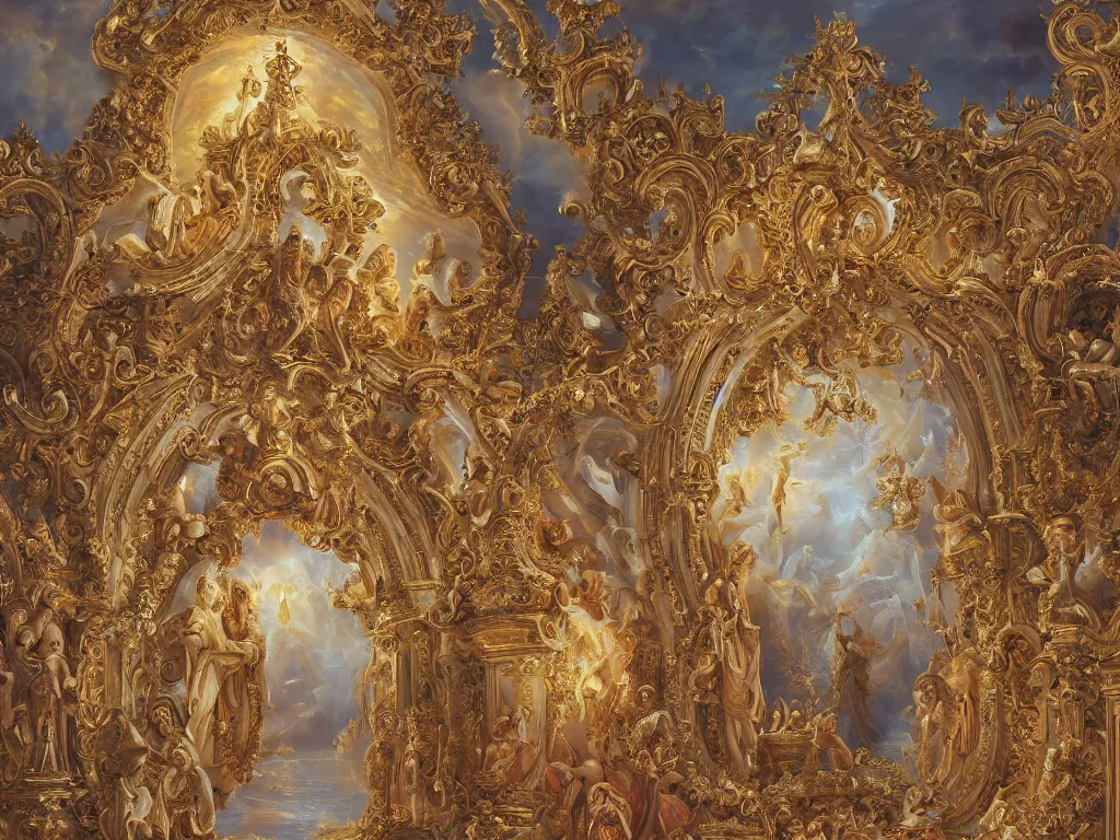 Image similar to angelic purity, heaven gate, baroque, hyper detailed ornament, 8 k, oil painting, holy lights,