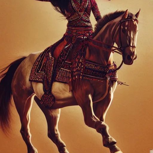 Image similar to full body shot of a beautiful young kurdish woman riding a beautiful white horse in the kurdish mountains art by martin ansin, highly detailed, 8 k, high resolution, award winning art, incredibly intricate, beautiful and symmetrical face