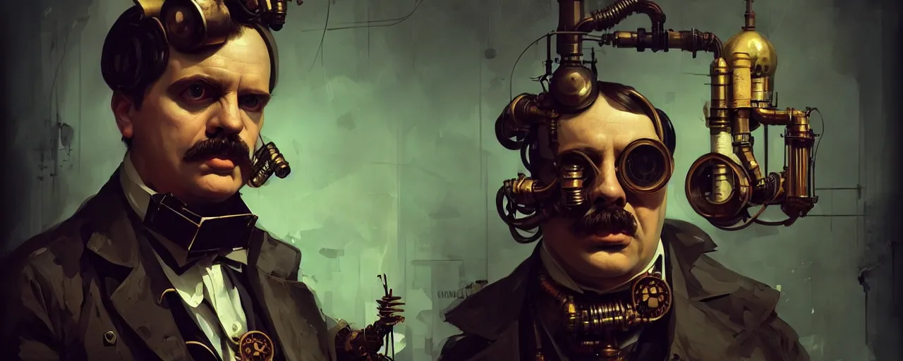 Image similar to duotone dark concept illustration 3 / 4 portrait of friedrich nietzsche as retro steampunk cyborg. cinematic ghastly lighting. golden ratio accidental renaissance. by sachin teng and sergey kolesov and ruan jia and heng z. graffiti art, scifi, fantasy, hyper detailed. octane render. concept art. trending on artstation