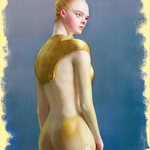 Image similar to Elle Fanning as an Android, head and shoulders masterpiece, oil on canvas, golden hour, in the world of Andrew Wyeth and Bruce Pennington, artstation, by J. C. Leyendecker and Peter Paul Rubens,