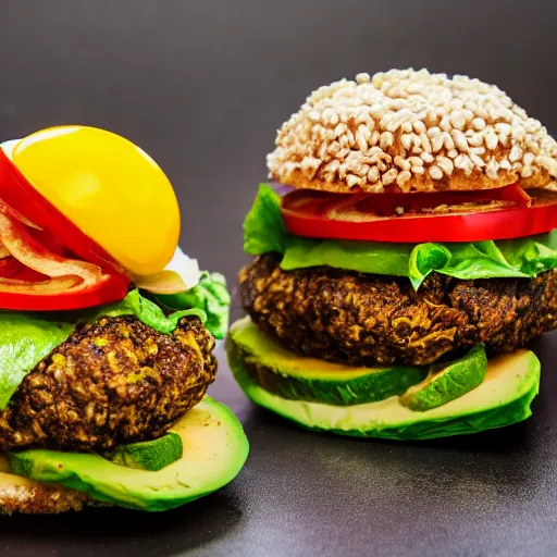 Image similar to juicy vegan hamburger topped with avocado and onion and a vegan fried egg, crispy buns, 8 k resolution, professional food photography, studio lighting, sharp focus, hyper - detailed