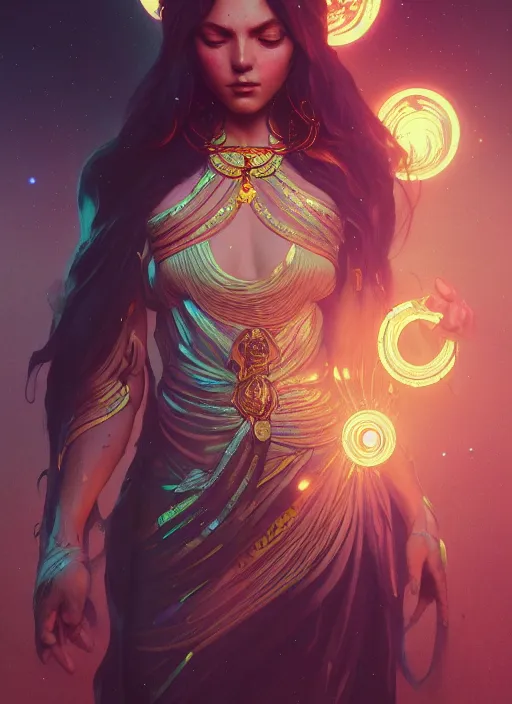 Image similar to Divine cosmic female power, glyphs, magic, artstation, high contrast, dramatic lighting, cgsociety, very detailed, intricate, detailed illustration, by artgerm and greg rutkowski and alphonse mucha, octane render, unreal engine, hyperrealism